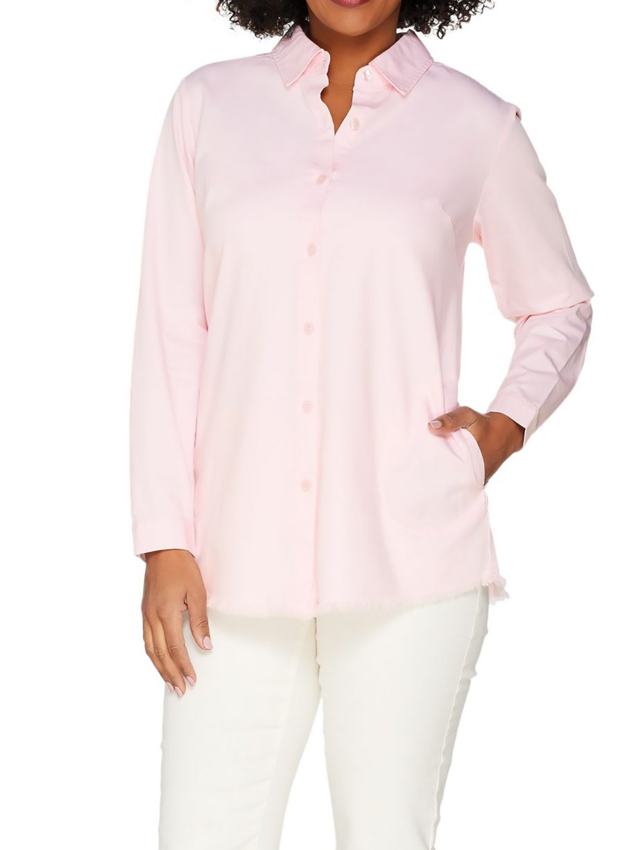 JOAN RIVERS Size S Lightweight Denim Boyfriend Shirt with Fringe Hem PINK