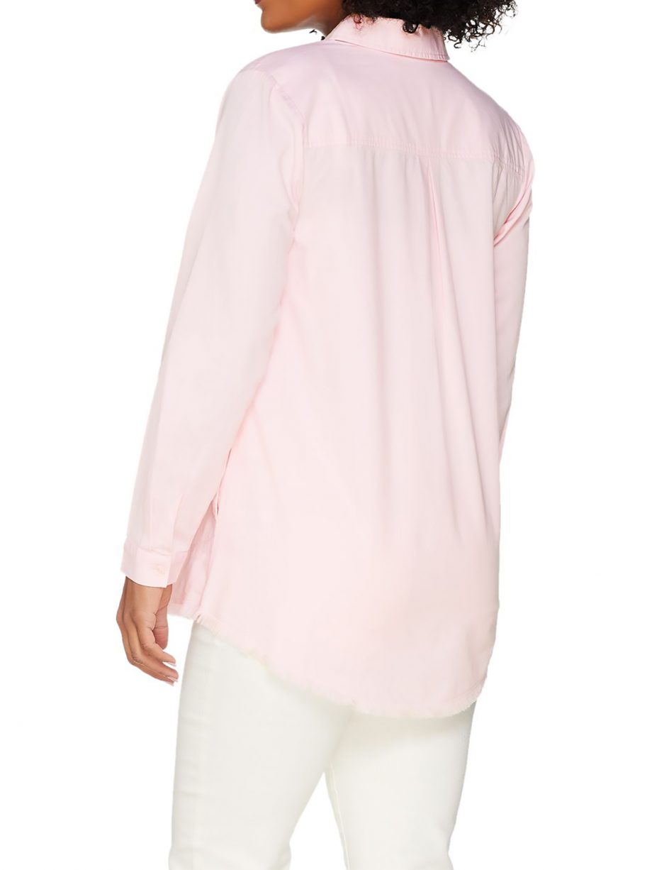 JOAN RIVERS Size S Lightweight Denim Boyfriend Shirt with Fringe Hem PINK