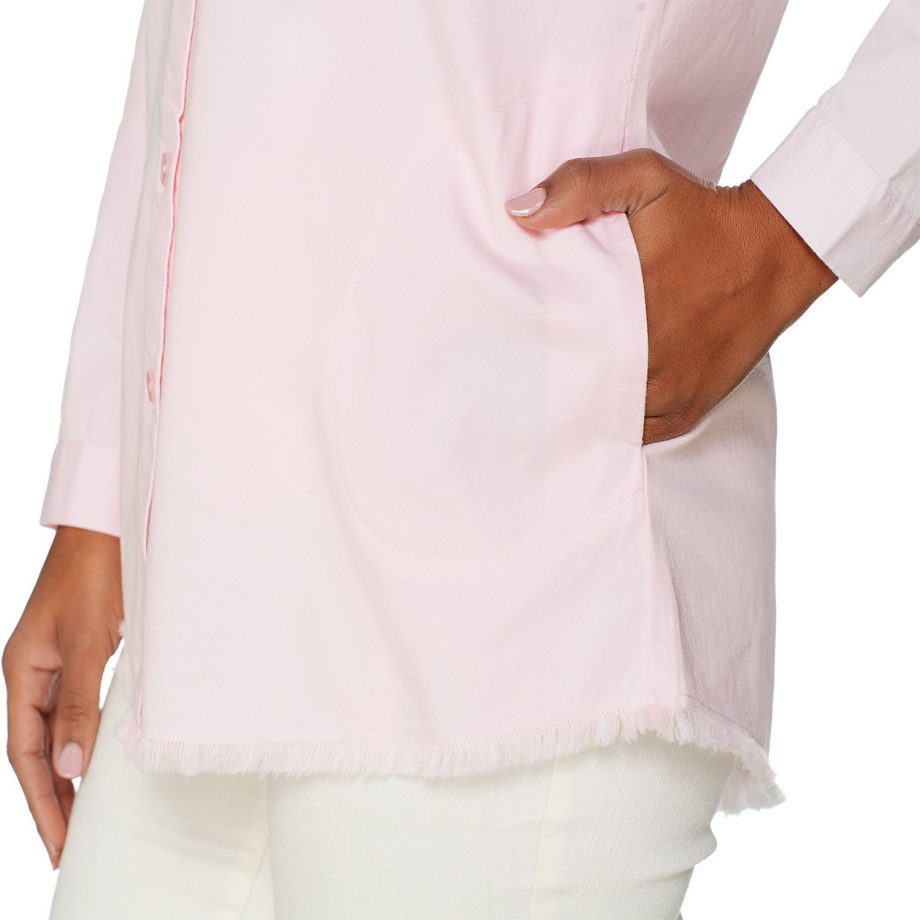 JOAN RIVERS Size S Lightweight Denim Boyfriend Shirt with Fringe Hem PINK