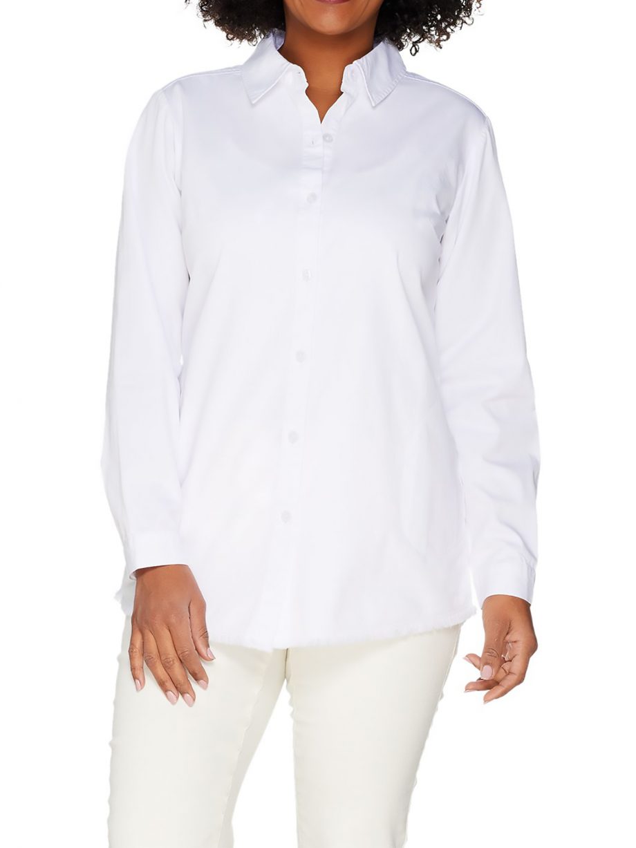 JOAN RIVERS Size S Lightweight Denim Boyfriend Shirt with Fringe Hem WHITE