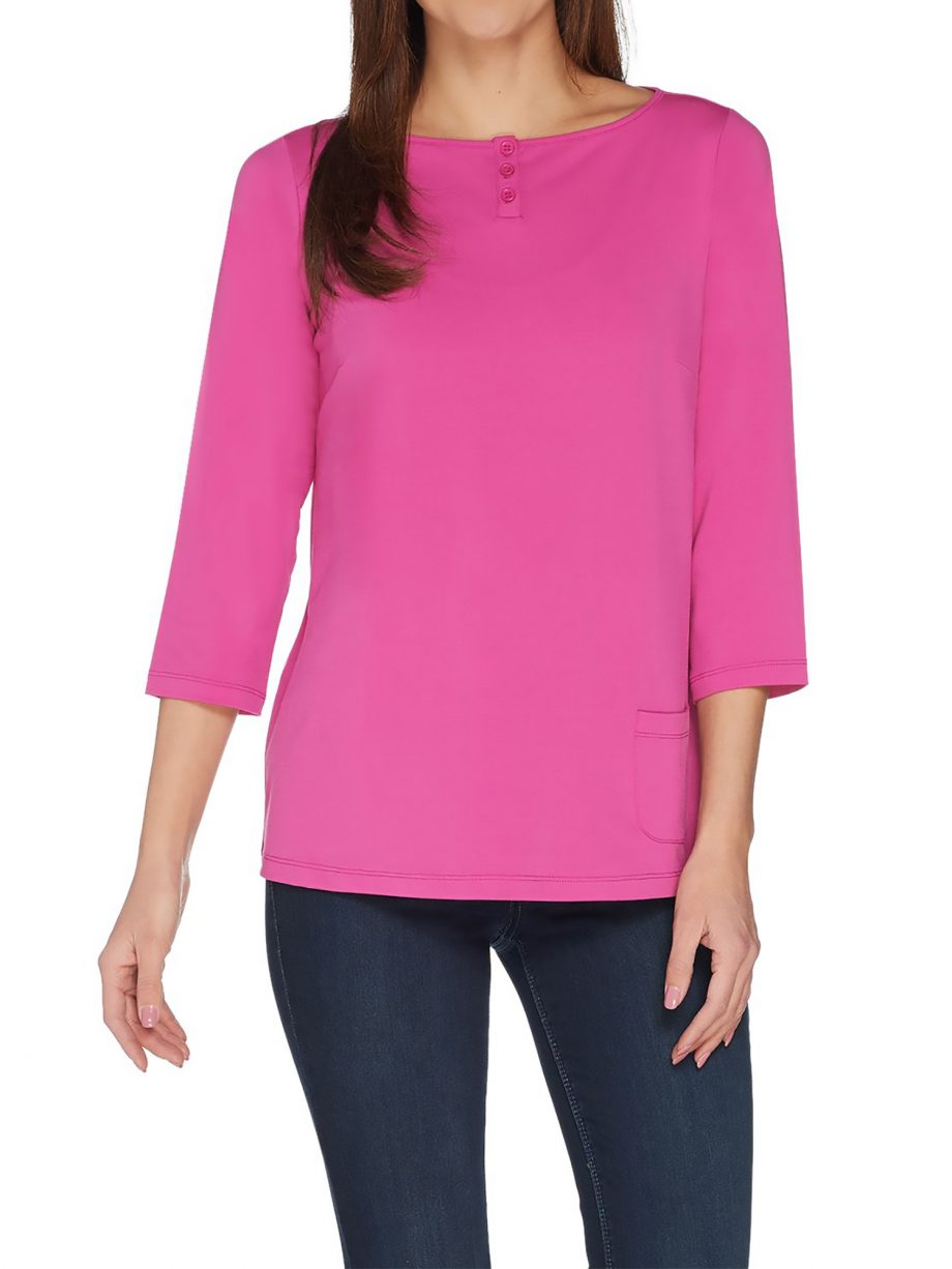 JOAN RIVERS Size 2X Jersey Knit Henley Top with 3/4 Sleeves FUCHSIA
