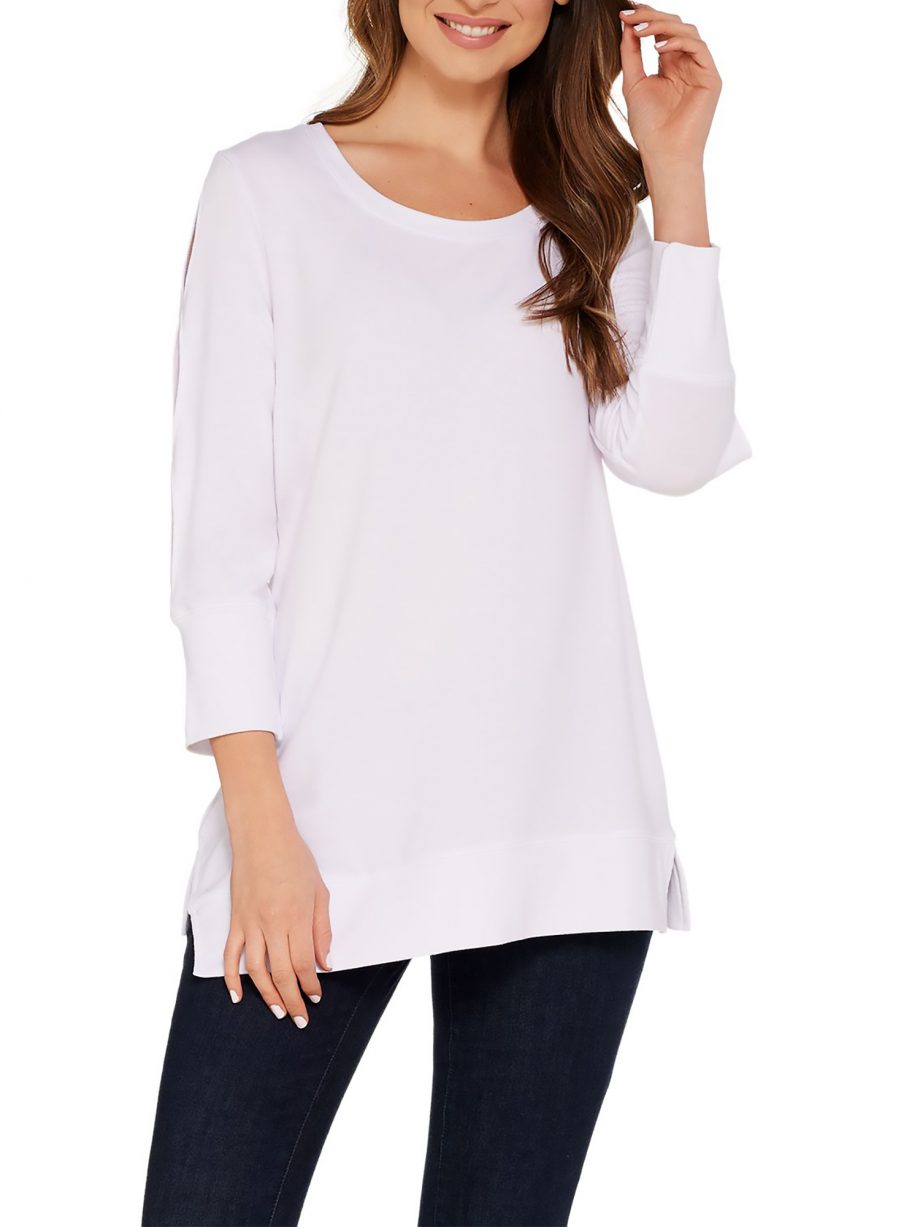H by HALSTON Size M Scoop Neck French Terry Tunic w/ Sleeve Detail WHITE