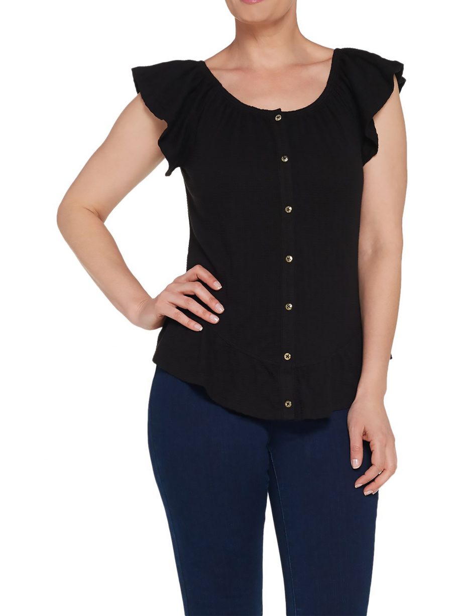 DU JOUR Size M Button Front Textured Knit Top with Ruffle Detail BLACK