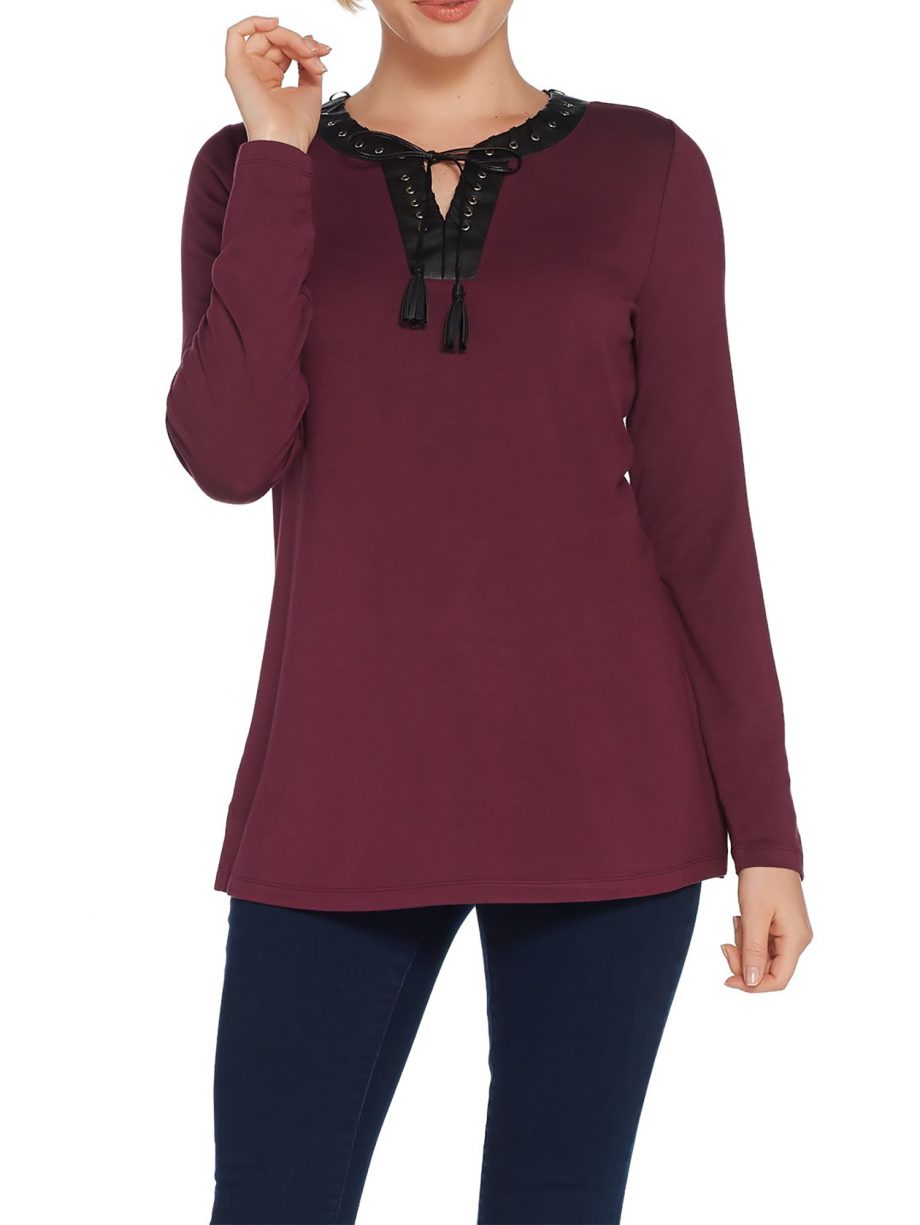 BELLE by KIM GRAVEL Size L Faux Leather Lace Up Top w/ Tassel Trim BORDEAUX