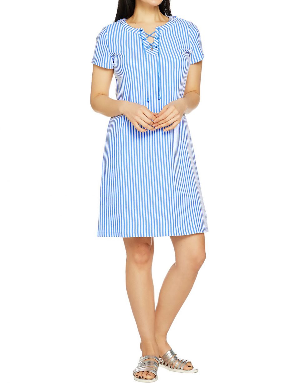 C. WONDER Size L Short Sleeve Striped Lace-Up Knit Dress BLUE