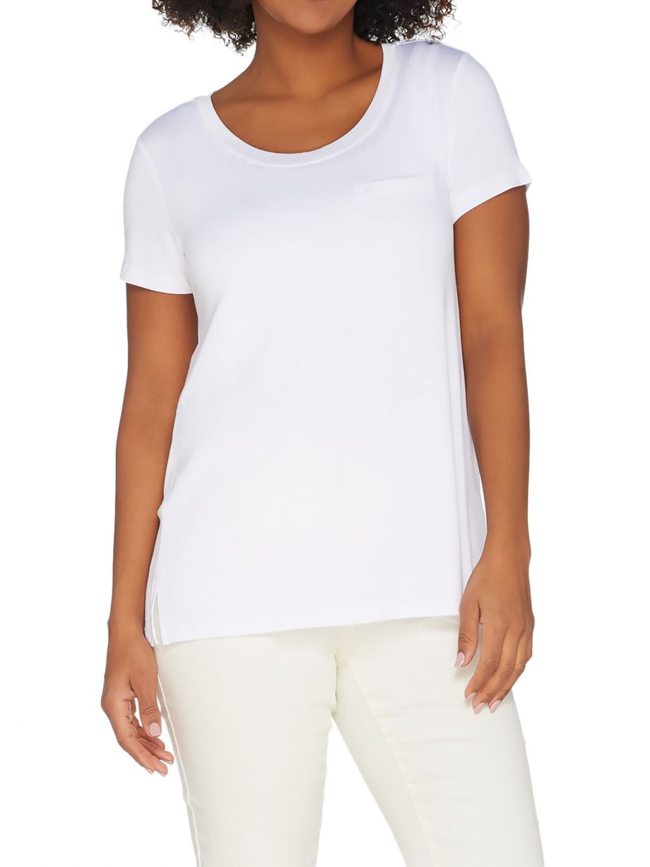 H BY HALSTON Size 1X Essentials Tee with Pocket Detail WHITE