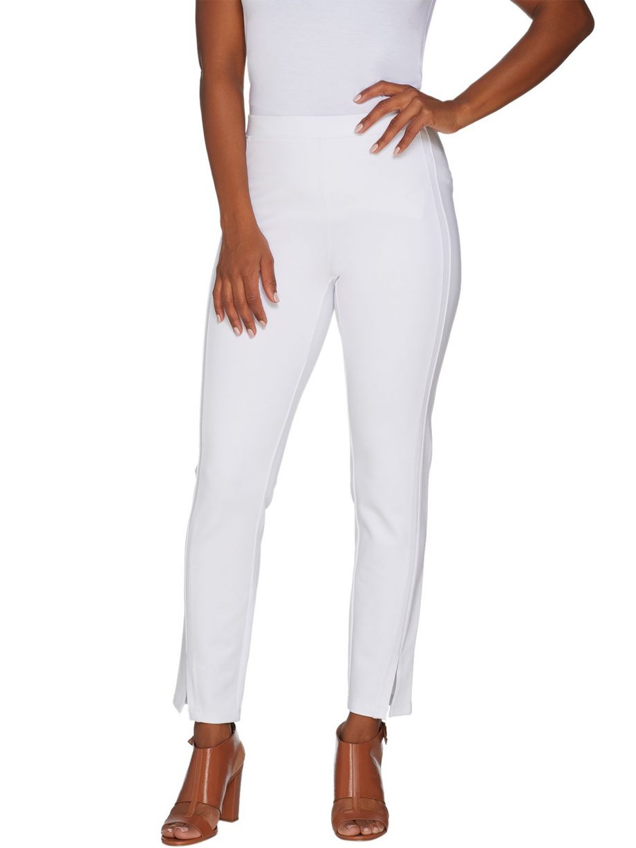 H BY HALSTON Size MP Petite Ankle Length Ponte Leggings w/ Slit Detail WHITE