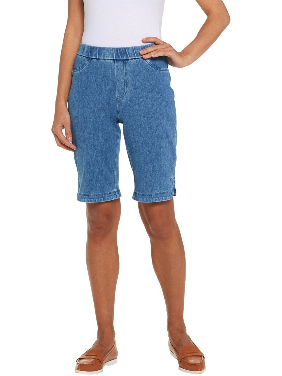 ISAAC MIZRAHI LIVE! Size 10P Petite Knit Denim Bermuda Shorts WHITE