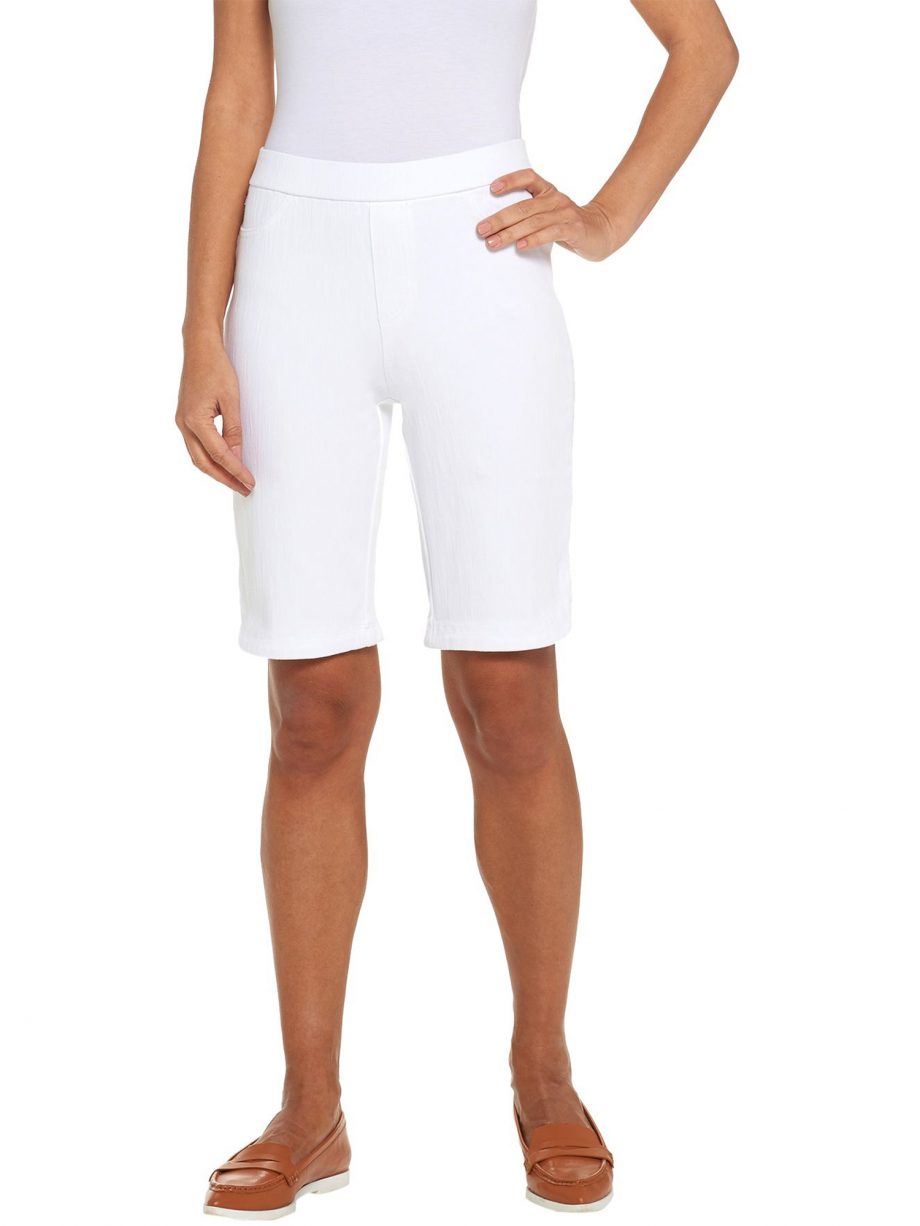 ISAAC MIZRAHI LIVE! Size 10P Petite Knit Denim Bermuda Shorts WHITE