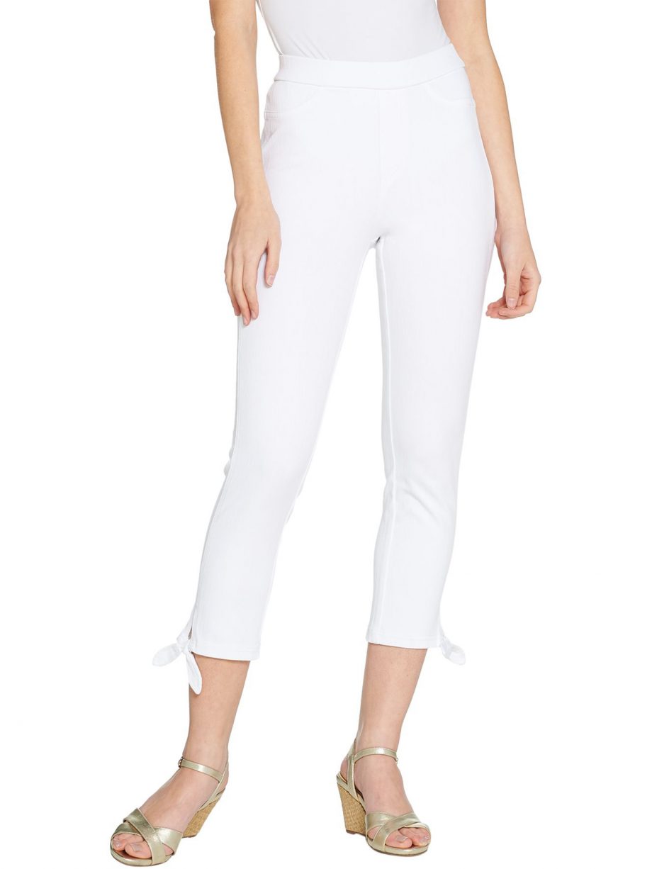 ISAAC MIZRAHI LIVE! Size 12T Tall Knit Denim Crop Jeans with Tie Detail WHITE