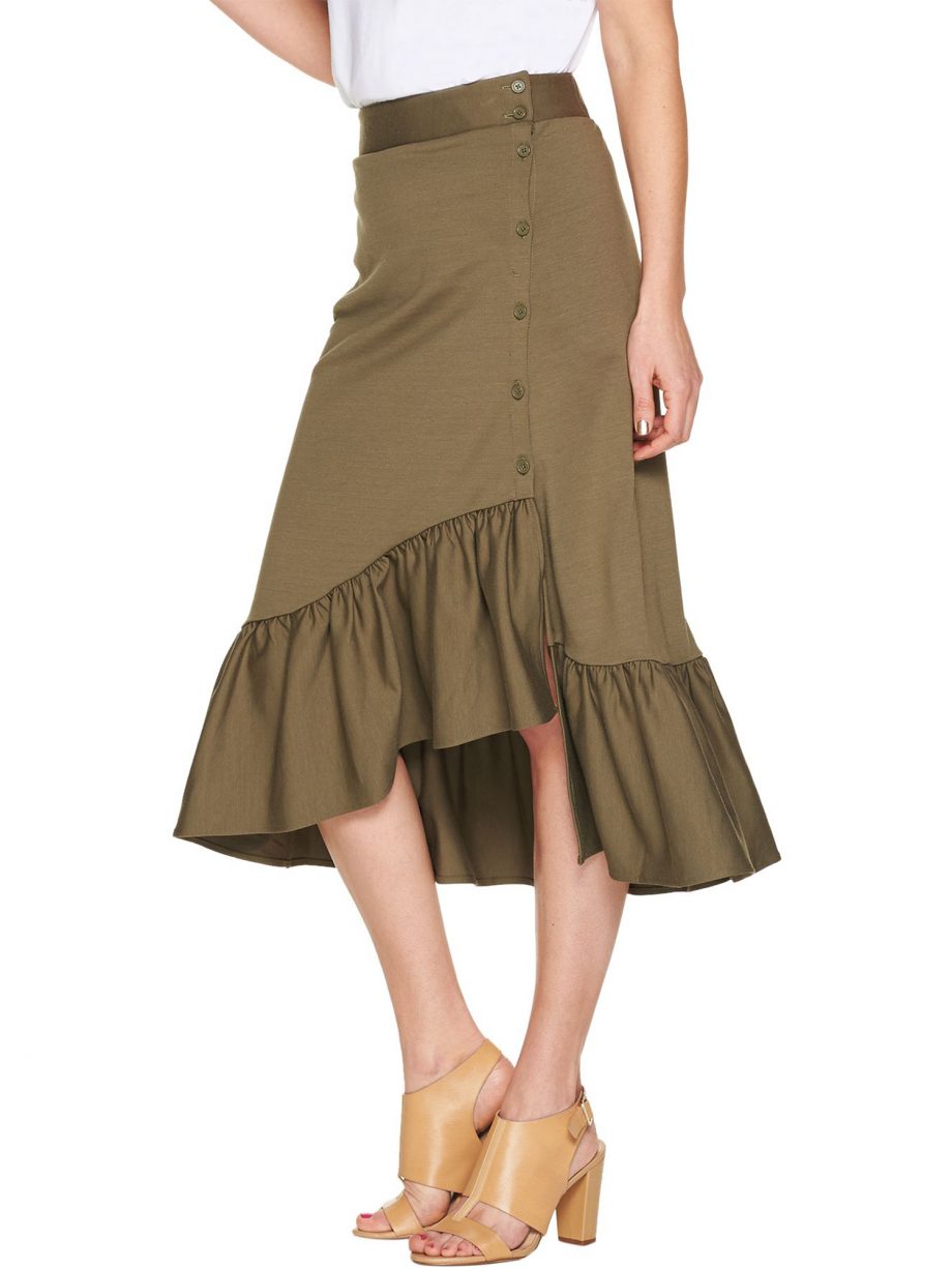 Du JOUR Size M Button Front Knit Skirt with Flounce Detail OLIVE