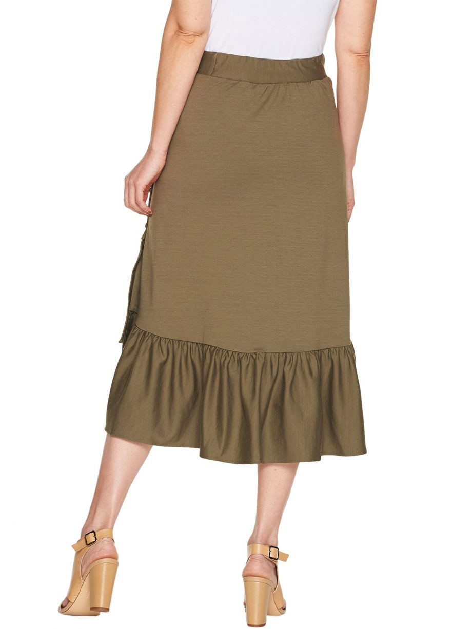 Du JOUR Size M Button Front Knit Skirt with Flounce Detail OLIVE
