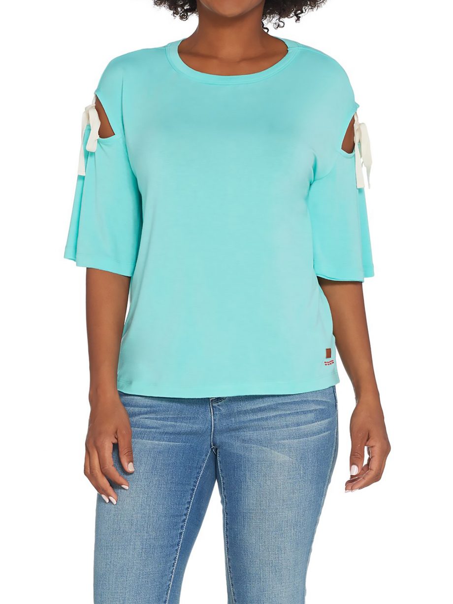 PEACE LOVE WORLD Size L 3/4 Sleeve Top w/ Sleeve Ties and Cutouts ARUBA BLUE