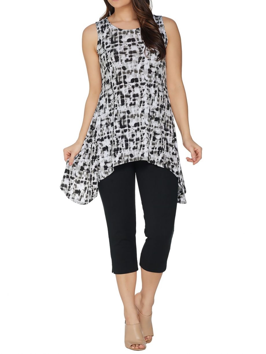 WOMEN WITH CONTROL Size 1X Printed Tunic with Capri Pants Set BLACK