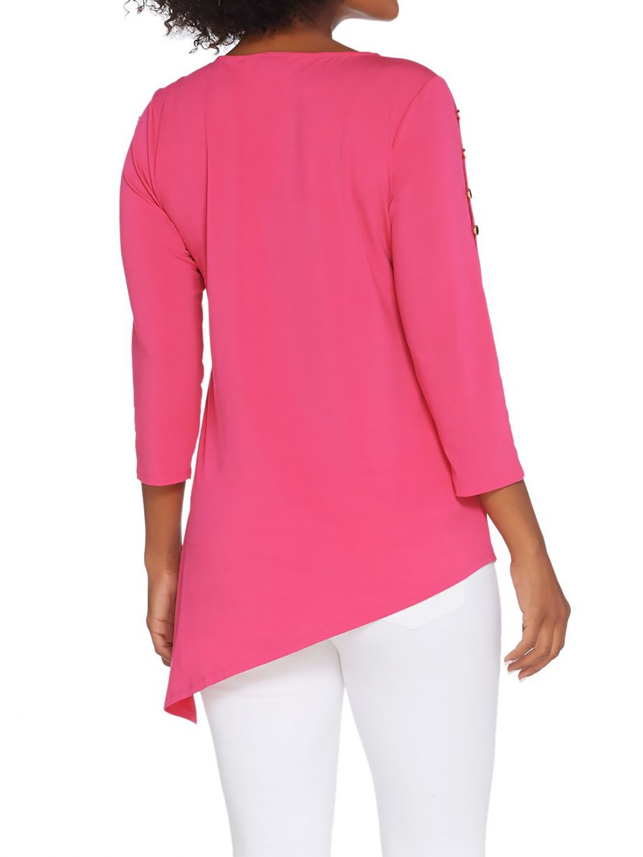 JOAN RIVERS Size 1X Button Sleeve Jersey Knit Top with Asymmetric Hem BLACK