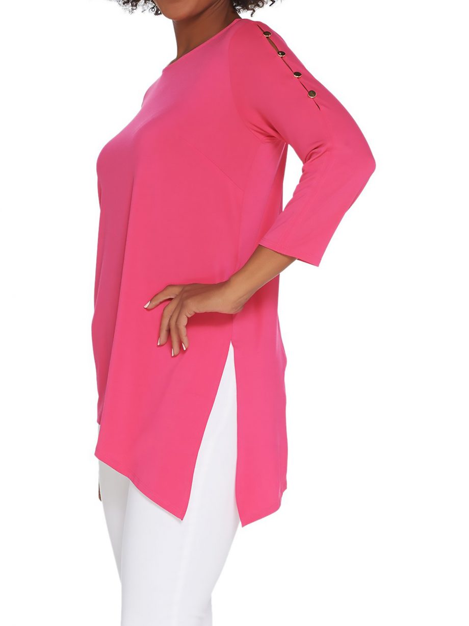 JOAN RIVERS Size 1X Button Sleeve Jersey Knit Top with Asymmetric Hem BLACK