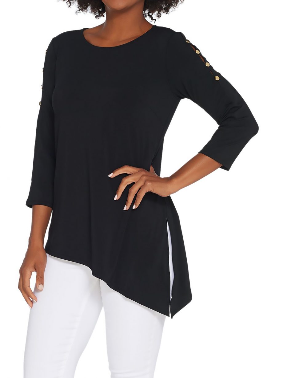 JOAN RIVERS Size 1X Button Sleeve Jersey Knit Top with Asymmetric Hem BLACK