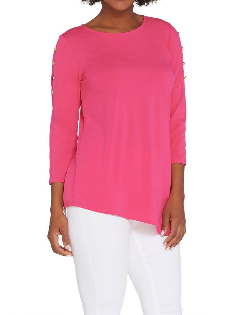 JOAN RIVERS Size 1X Button Sleeve Jersey Knit Top with Asymmetric Hem BLACK