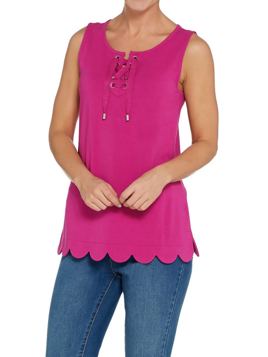 ISAAC MIZRAHI LIVE! Size 1X Lace-up Tank Top with Scallop Hem FUCHSIA