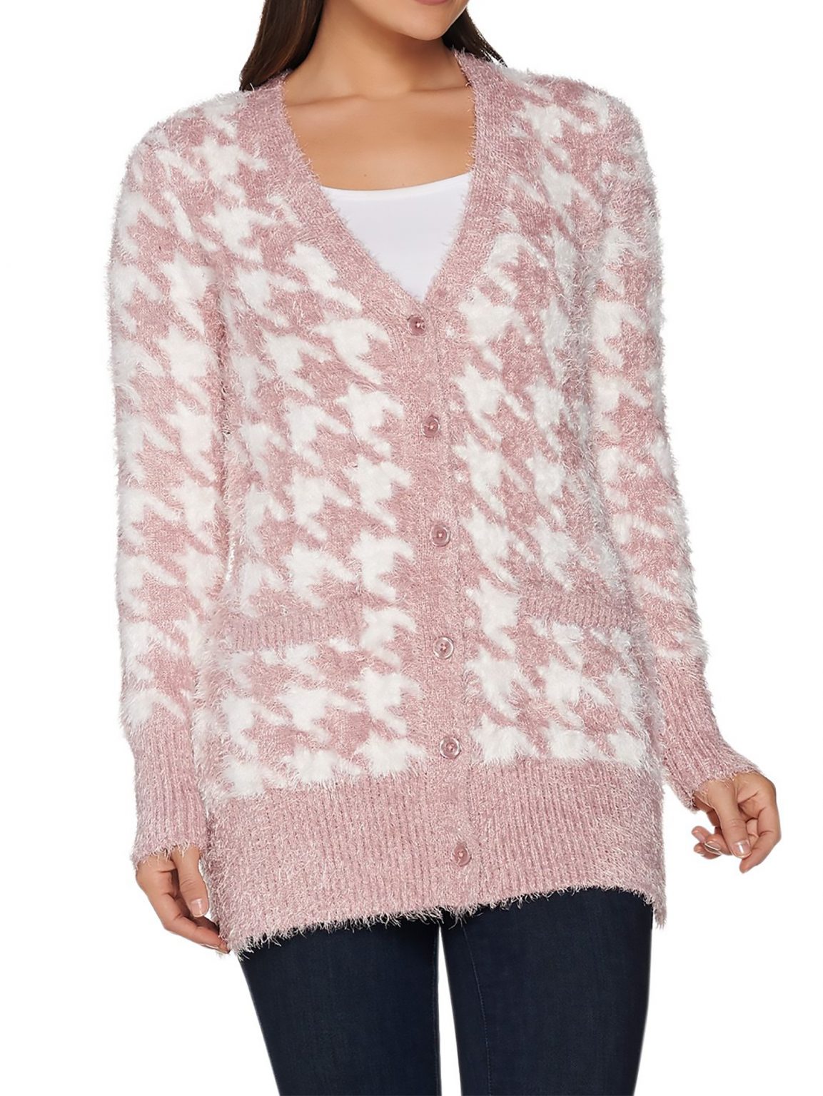 ISAAC MIZRAHI LIVE! Size M Textured Houndstooth Jacquard Cardigan BLACK â NYC Moda Boutique