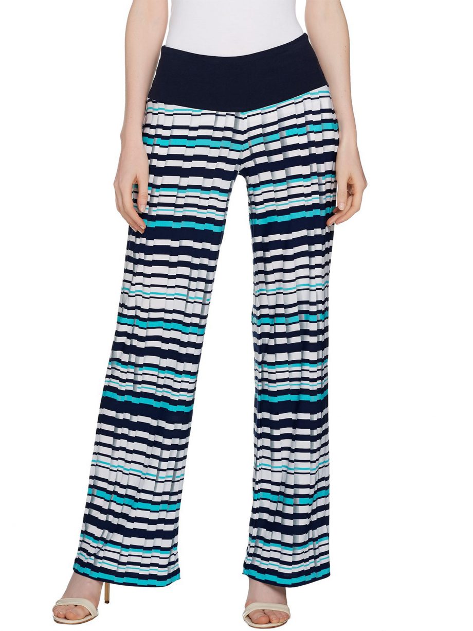 WOMEN WITH CONTROL Size 2X Tummy Control Pleat Printed Wide Leg Pants BLACK