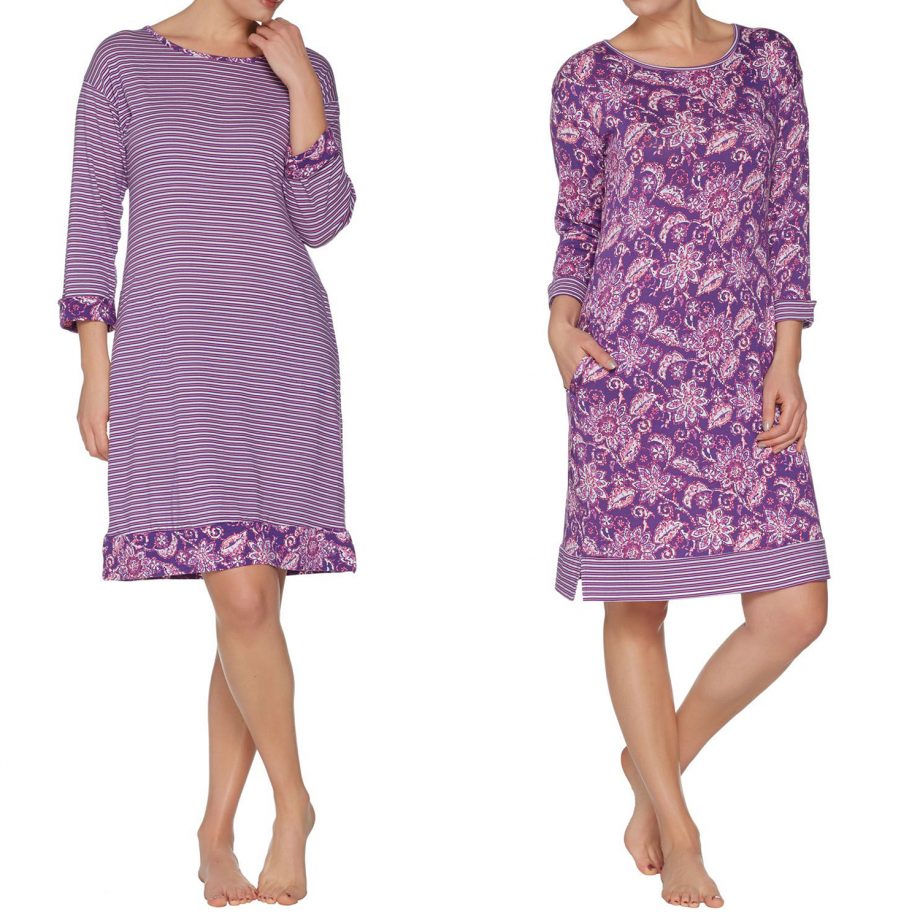 CAROLE HOCHMAN Size L Batik and Stripe Sleepshirt Set PLUM