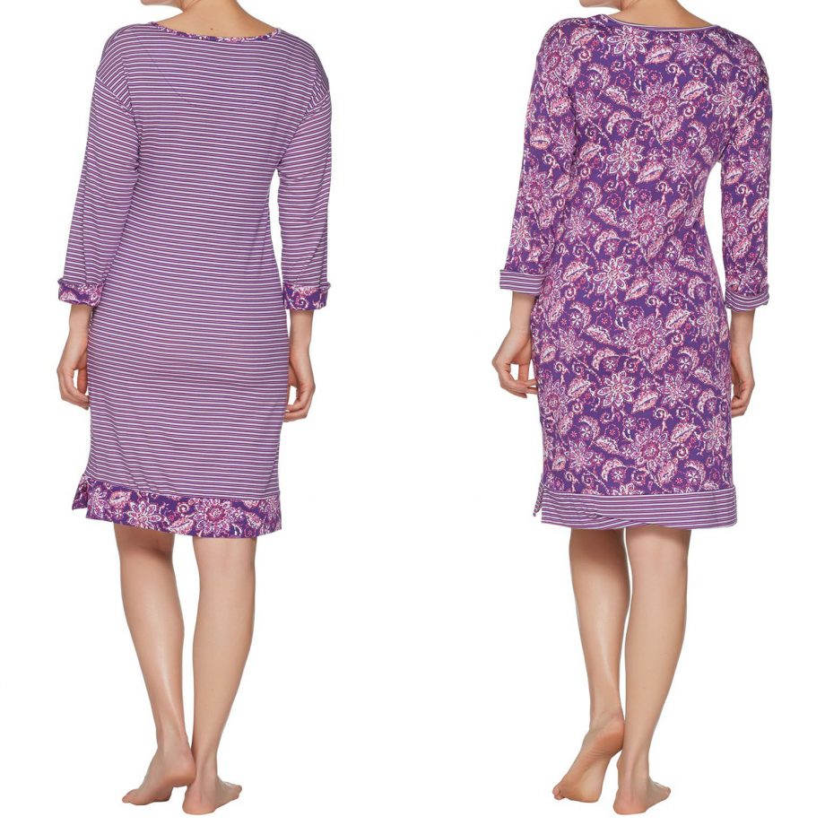 CAROLE HOCHMAN Size L Batik and Stripe Sleepshirt Set PLUM