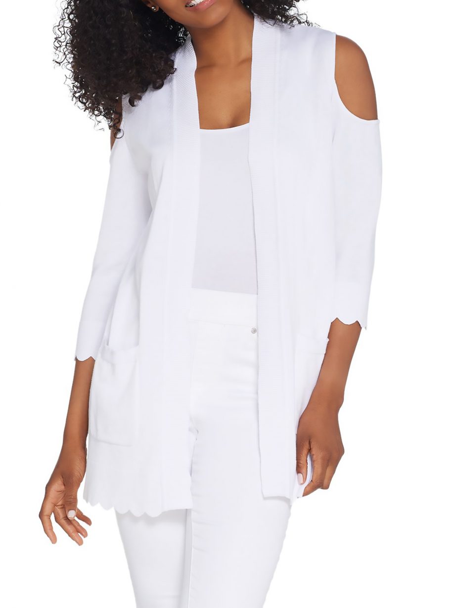 ISAAC MIZRAHI LIVE! Size M Cold Shoulder Cardigan with Scallop Hem WHITE