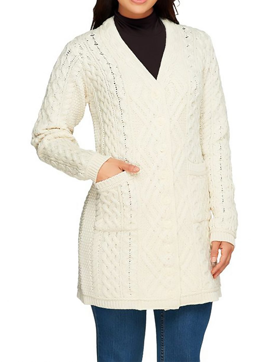 ARAN CRAFT Size XL 100% Merino Wool Long Boyfriend Button Front Cardigan NATURAL