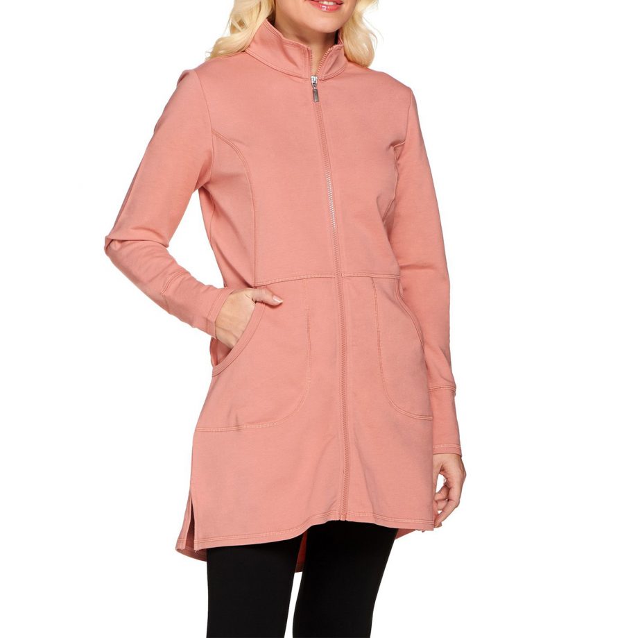 DENIM CO. Size M Active French Terry Zip Front Tunic Jacket ANTIQUE ROSE