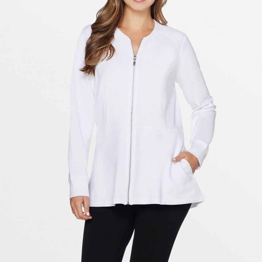 DENIM and CO Size 1X French Terry Zip Front Hi-Low Hem Knit Jacket WHITE