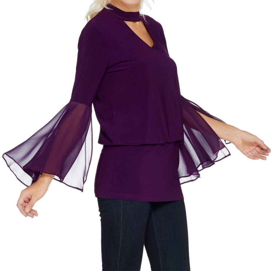 LAURIE FELT Size L Knit Top with Woven Bell Sleeves PLUM