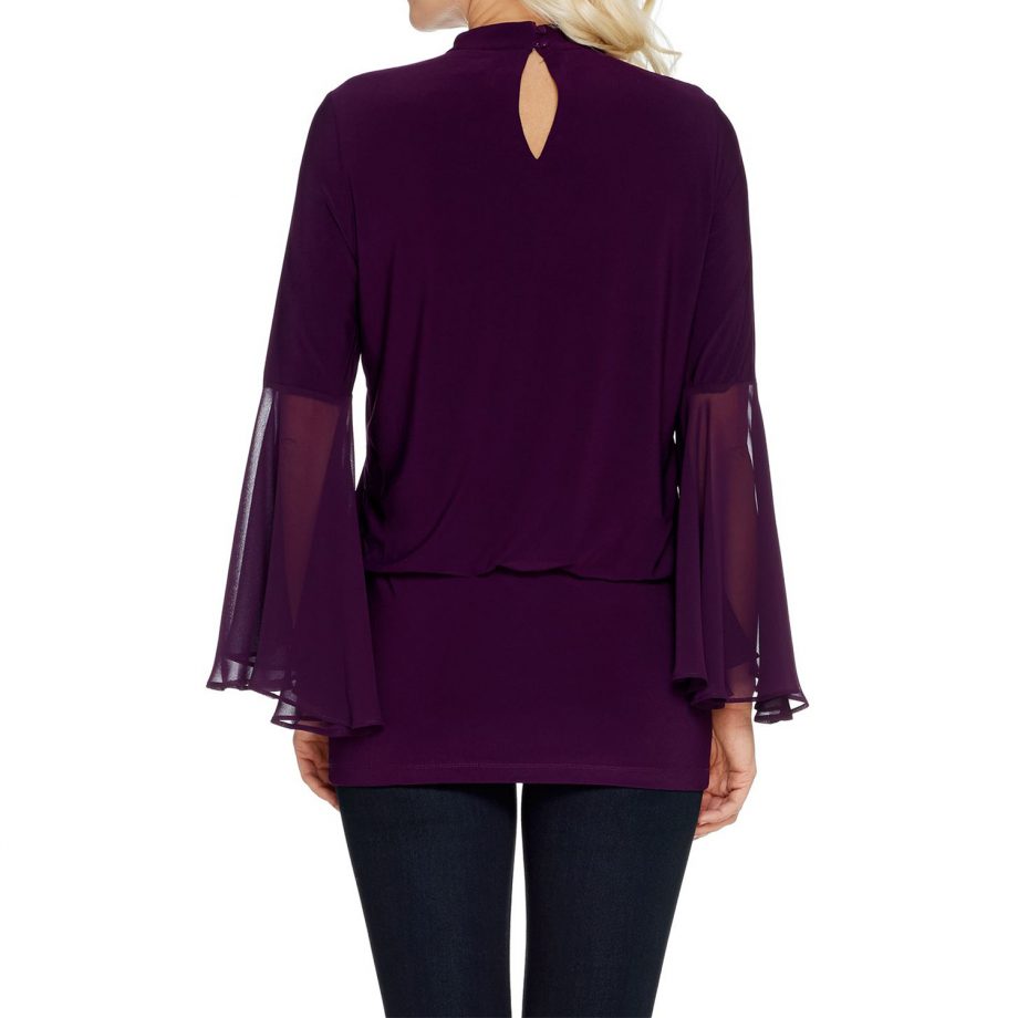 LAURIE FELT Size L Knit Top with Woven Bell Sleeves PLUM