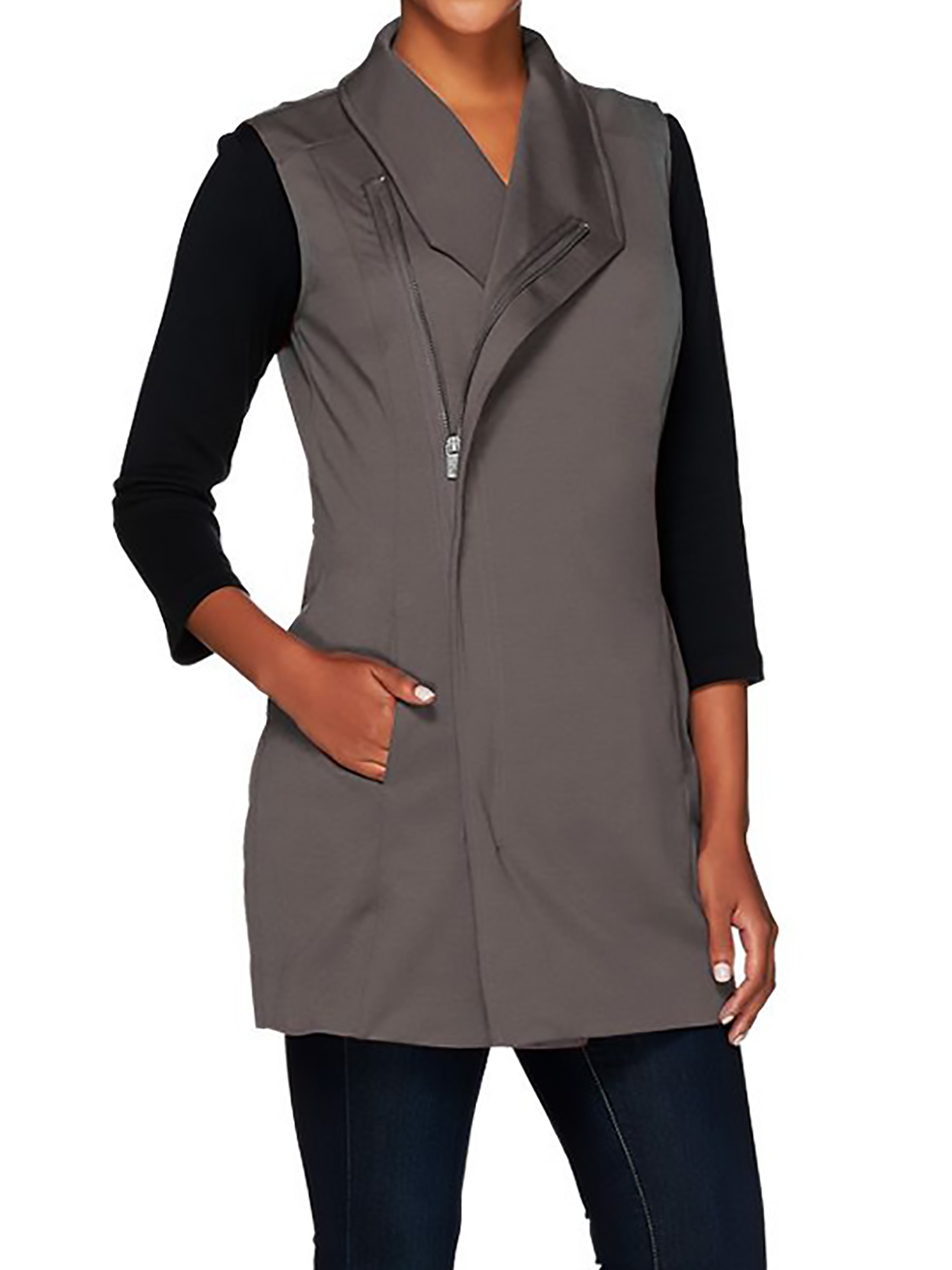 LISA RINNA Size XL Knit Vest with Asymmetric Zip Front CHARCOAL
