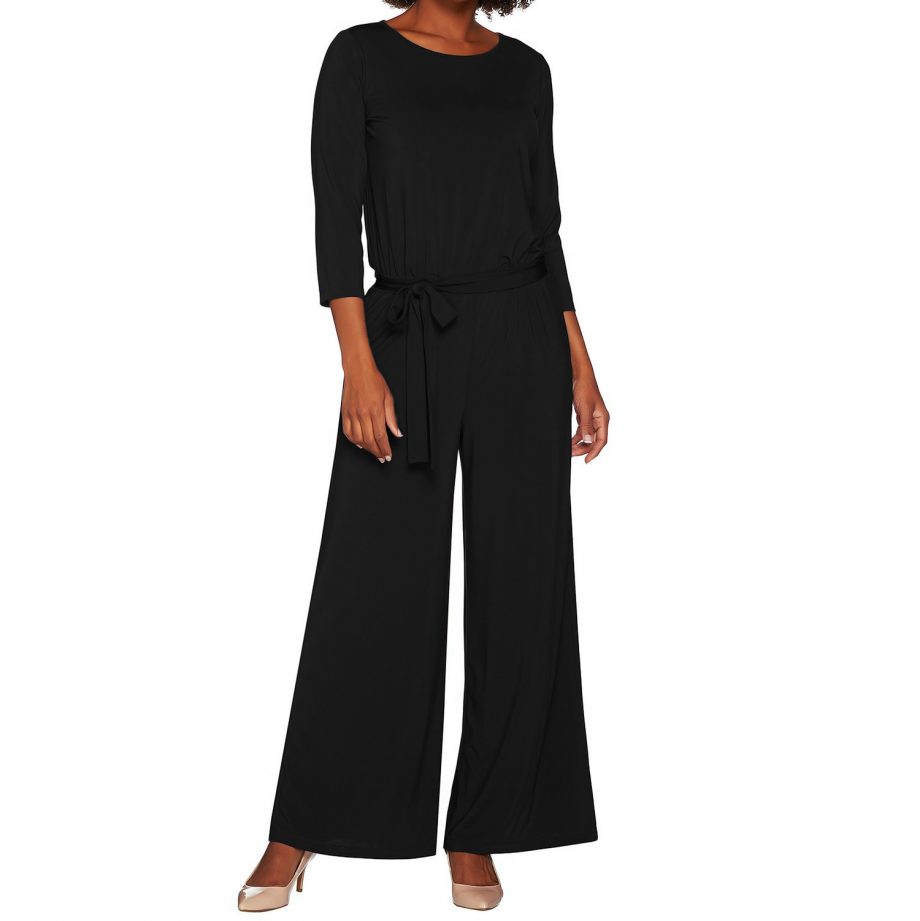 JOAN RIVERS Size 1X Regular Length Jersey Knit Jumpsuit with 3/4 Sleeves BLACK