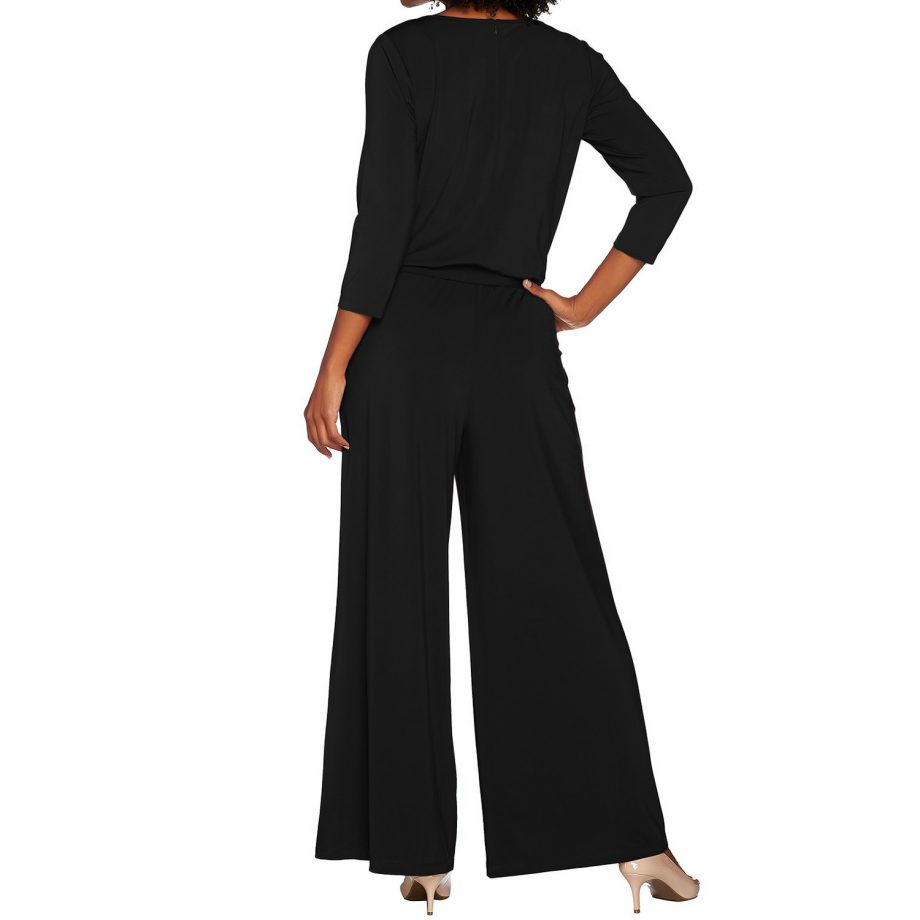 JOAN RIVERS Size 1X Regular Length Jersey Knit Jumpsuit with 3/4 Sleeves BLACK