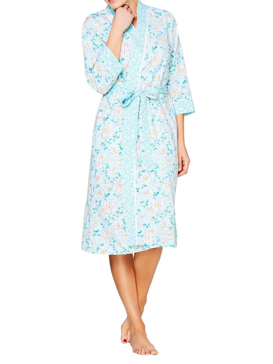 CAROLE HOCHMAN Size 3X Twin Print Cotton Robe TURQUOISE