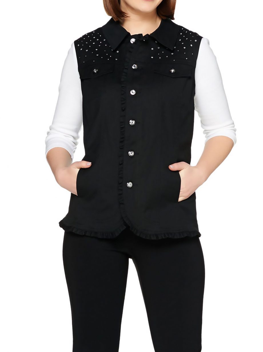QUACKER FACTORY Size L Woven Ruffle Vest with Rhinestone Yoke BLACK