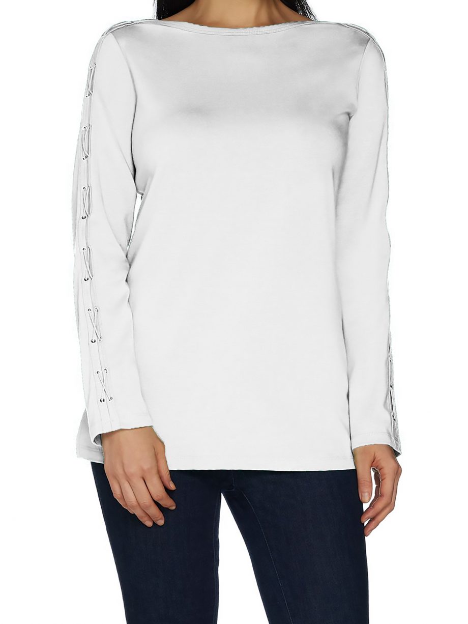 BELLE by KIM GRAVEL Size M TripleLuxe Knit Lace up T-Shirt WHITE