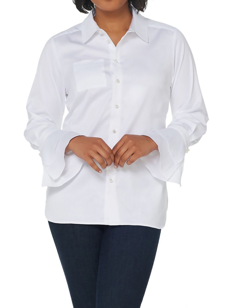BELLE by KIM GRAVEL Size XL Ruffled Sleeve Shirt with Pearl Buttons WHITE