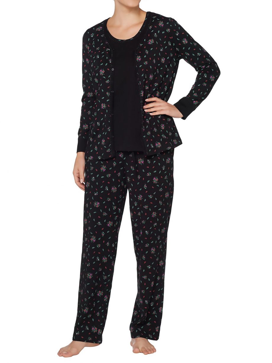 CAROLE HOCHMAN Size 1X Ditsy Floral Cotton 3-Piece Pajama Set BLACK