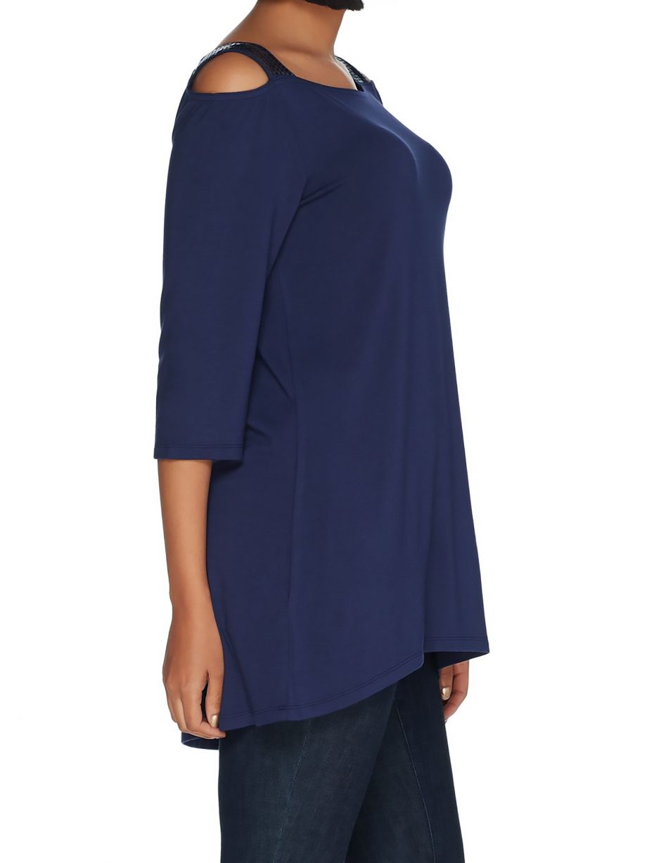 BELLE by KIM GRAVEL Size XL Sequin Strap Open Shoulder Hi-Low Hem Top BLUE