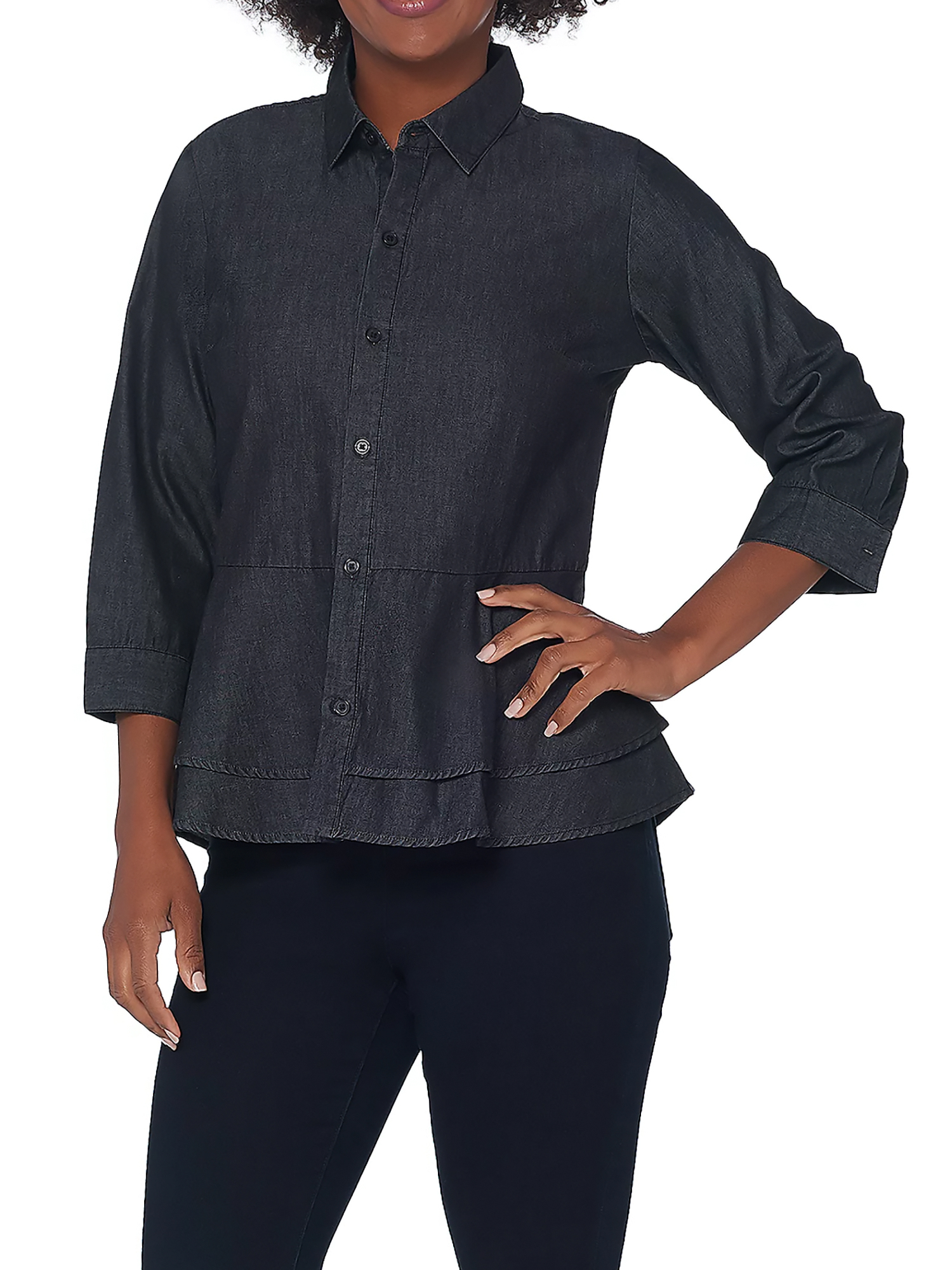JOAN RIVERS Size 20W Button Front Denim Shirt w/ Peplum Detail BLACK
