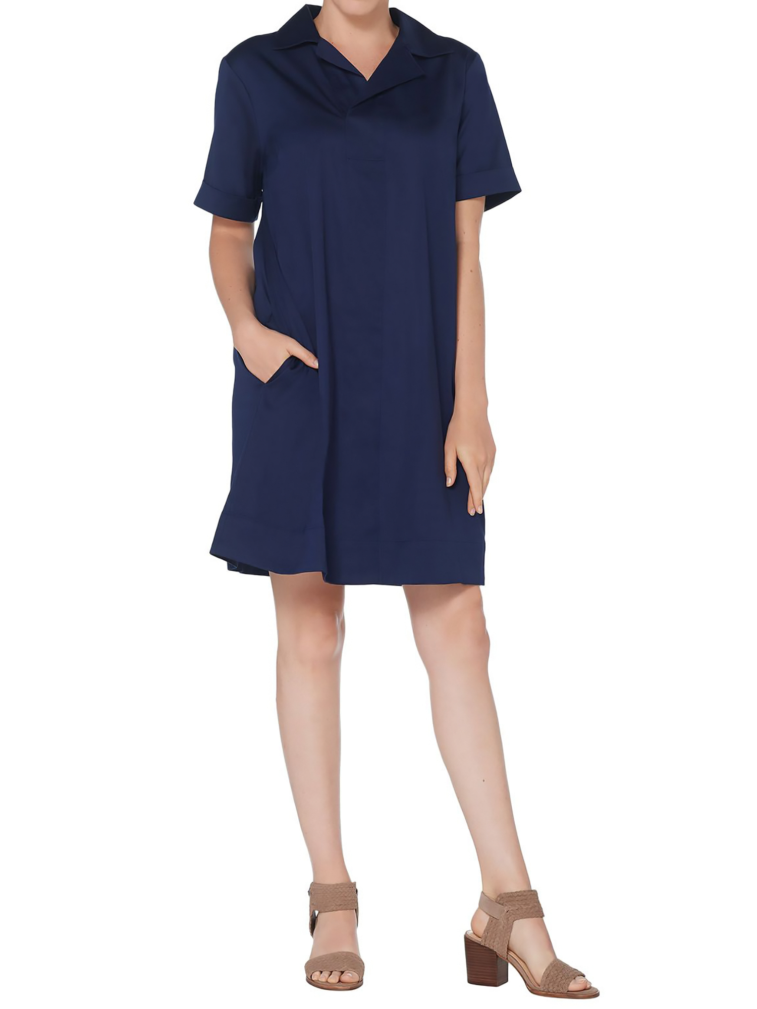 MARTHA STEWART Size XL Stretch Sateen Notch Collar Dress with Pockets INK BLUE