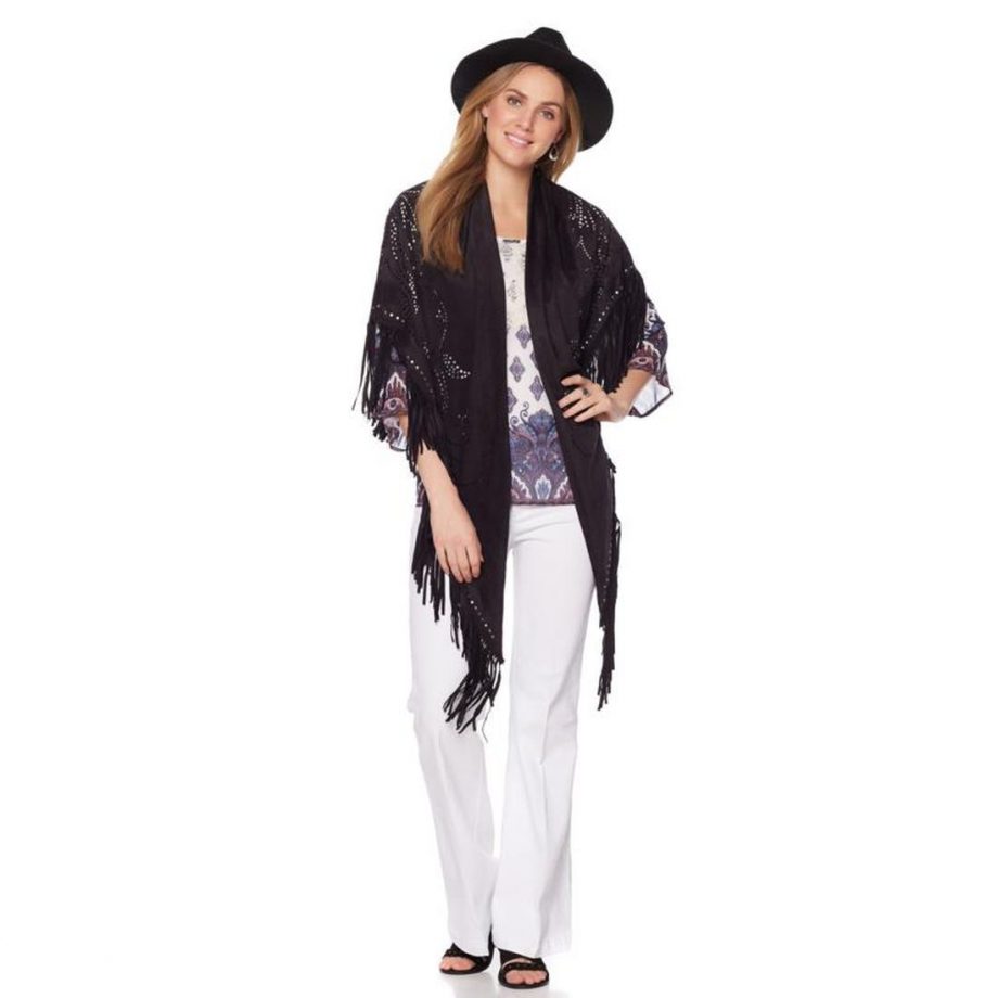 CURATIONS CARAVAN Embellished Laser-Cut Wrap Fringe Faux Sued BLACK