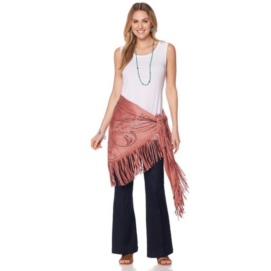 CURATIONS CARAVAN Embellished Laser-Cut Wrap Fringe Faux Sued BLACK
