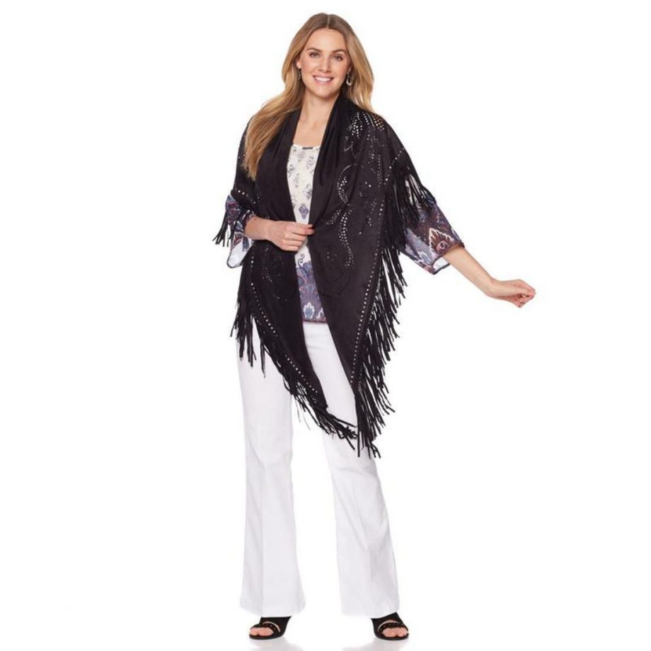 CURATIONS CARAVAN Embellished Laser-Cut Wrap Fringe Faux Sued BLACK