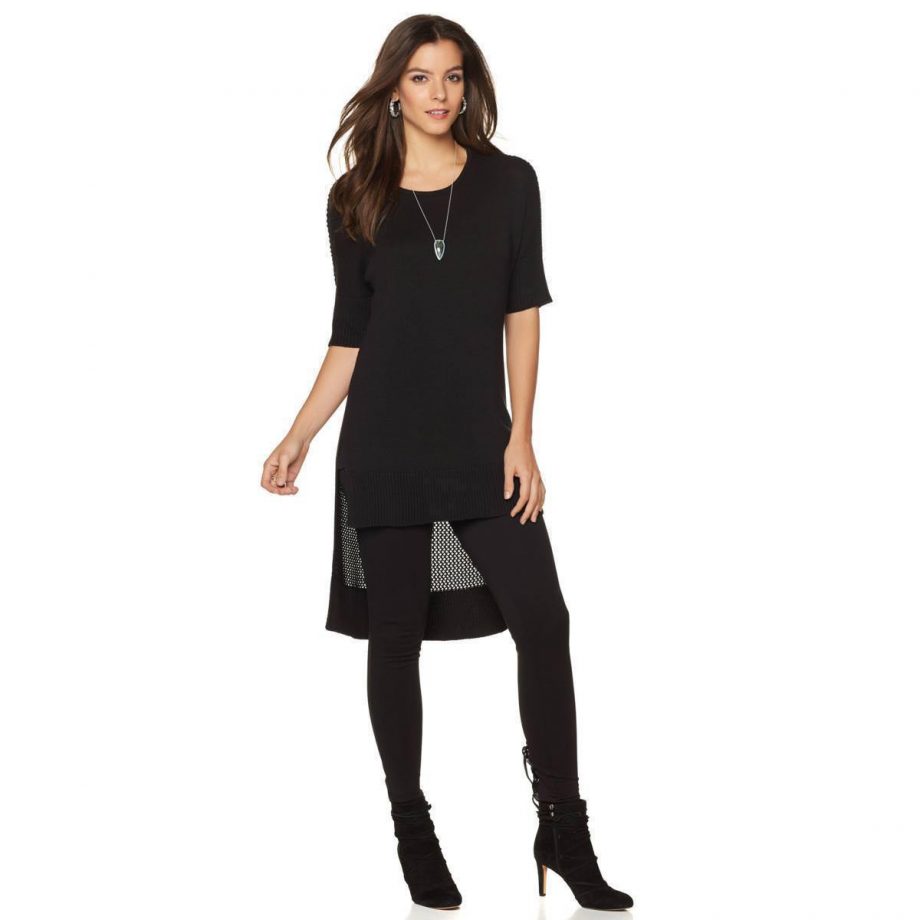 NENE LEAKES Size XL Sweater Ribbed Trim Hi-Low Crochet Back BLACK