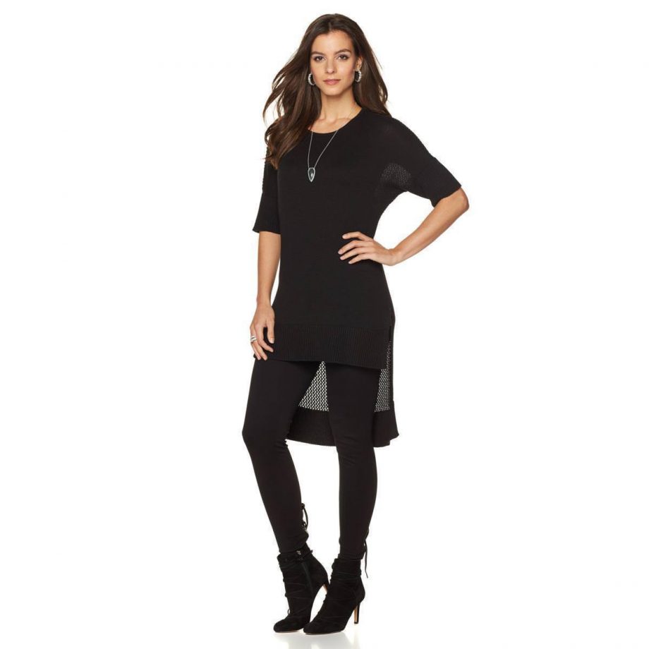 NENE LEAKES Size XL Sweater Ribbed Trim Hi-Low Crochet Back BLACK
