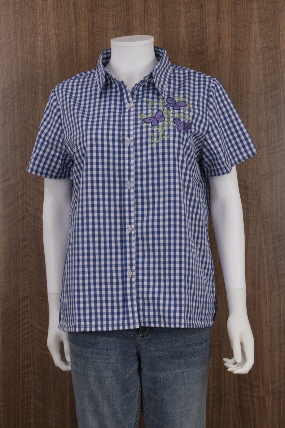 AMERICAN SWEETHEART Size M Plaid Butterfly Short Sleeve Shirt Button Down BLUE